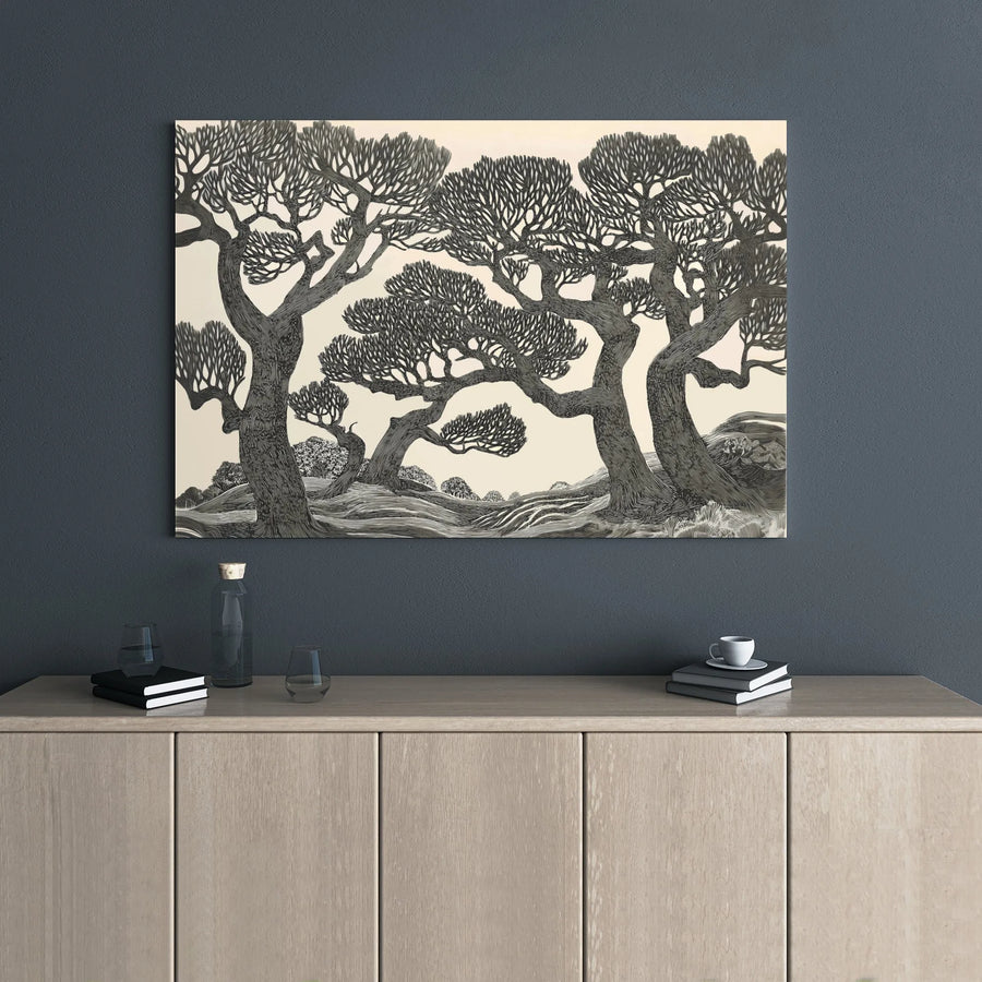 Gnarly Trees Canvas Wall Art | Monochrome Woodcut Illustration | 1.25 Inch Gallery Wrap Premium Decor | Modern Nature Forest Print for Home Office