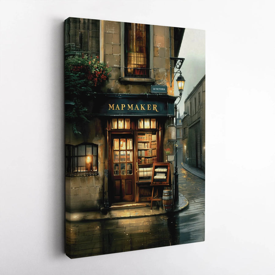 Map Maker Shop Canvas Wall Art | Rainy Victorian Street Scene | Premium Gallery Wrap Decor | Moody Vintage Aesthetic Gift For Readers