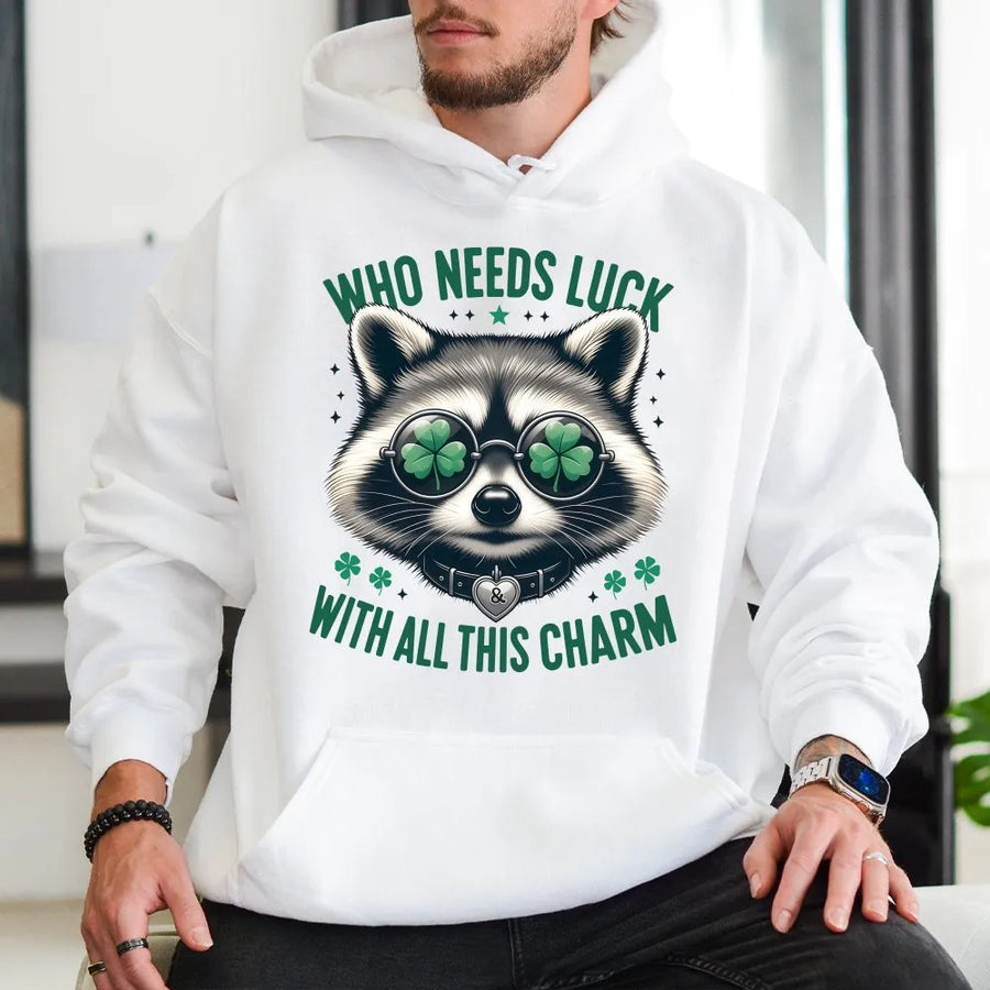 Raccoon St. Patrick's Day Hoodie | Funny Shamrock Sunglasses Design | Premium Cotton Blend | Lucky Irish Gift for Animal Lovers