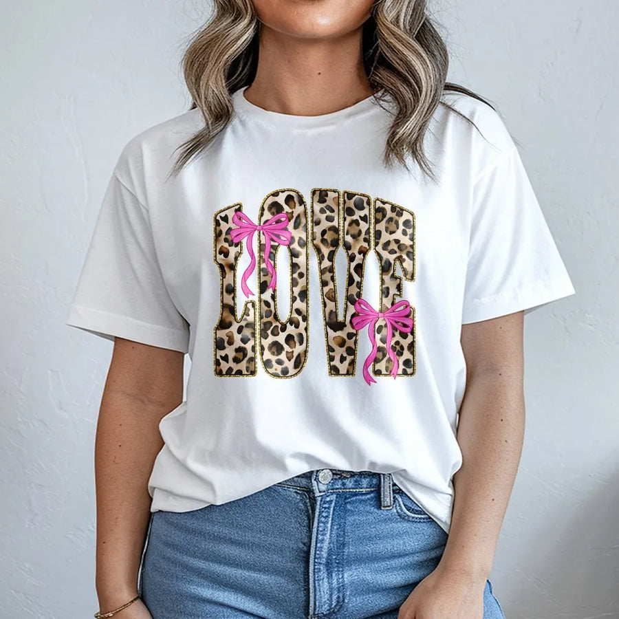 Love Leopard Print T-Shirt | Coquette Aesthetic Bow Graphic Tee | Premium Cotton Casual Shirt | Cute Valentine’s Day Gift For Her