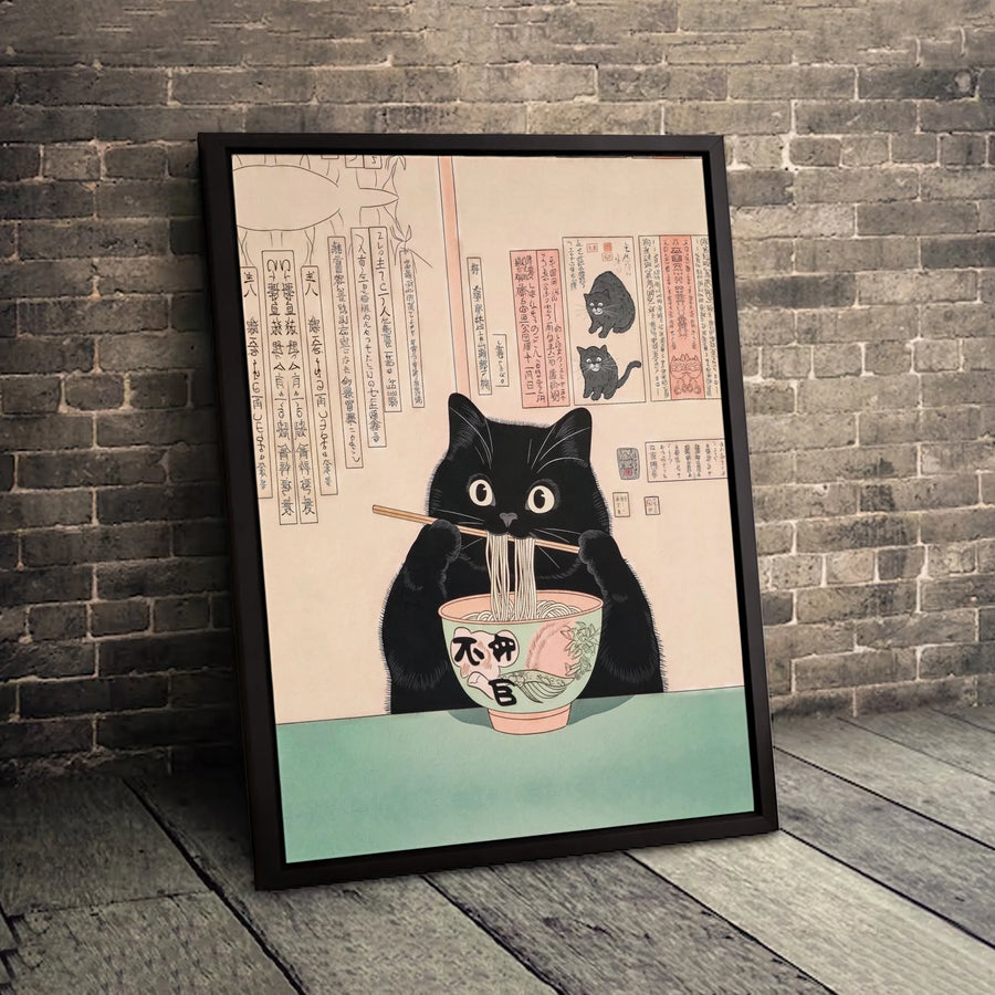 Japanese Ukiyo-E Black Cat Canvas Art | Ramen Noodle Lover Print | Gallery Quality 1.25" Profile | Whimsical Animal Wall Decor Gift
