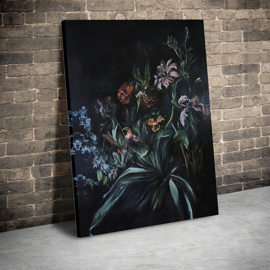 Dark Moody Floral Bouquet Canvas Print | Still Life Oil Painting Style | 1.25-Inch Premium Gallery Profile | Elegant Home & Office Wall Decor