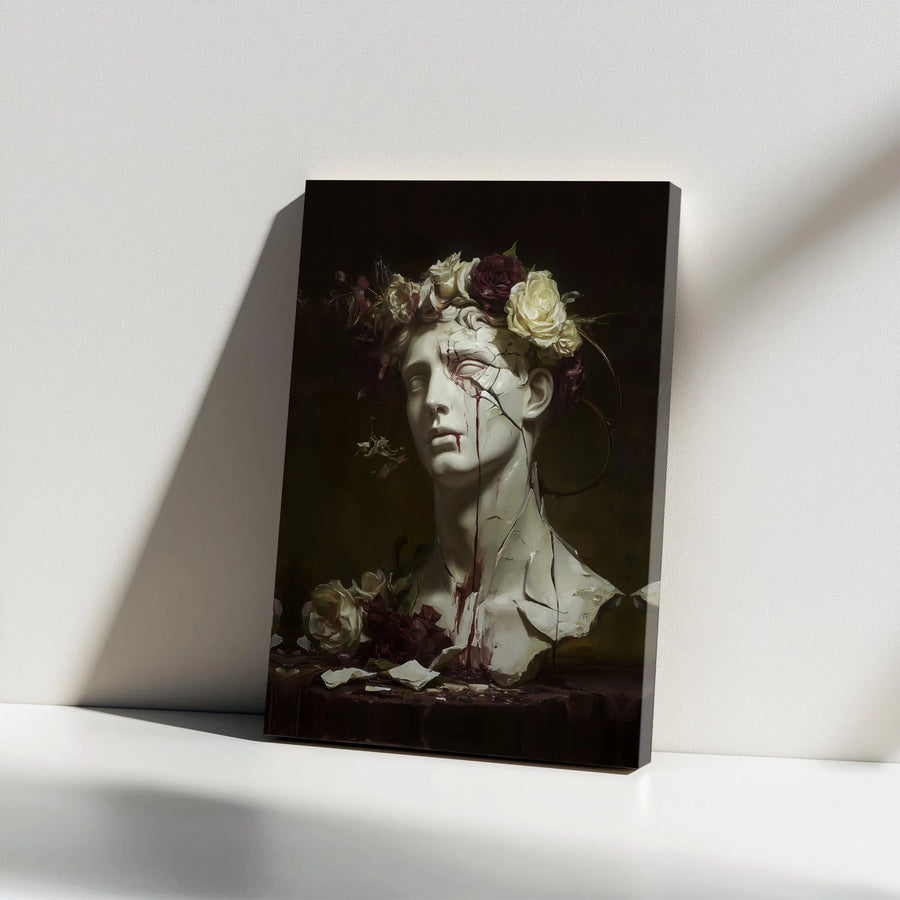 Dark Academia Canvas Print | Cracked Roman Statue with Roses | Premium Gallery Wrapped Canvas | Gothic Home Decor Collector's Gift