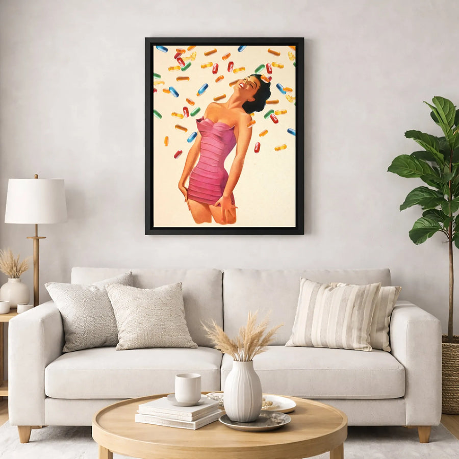 Vintage Pin-Up Girl Wall Art | Surreal Retro Pop Illustration | Premium 1.25" Gallery Canvas | Unique Aesthetic Home Decor Gift