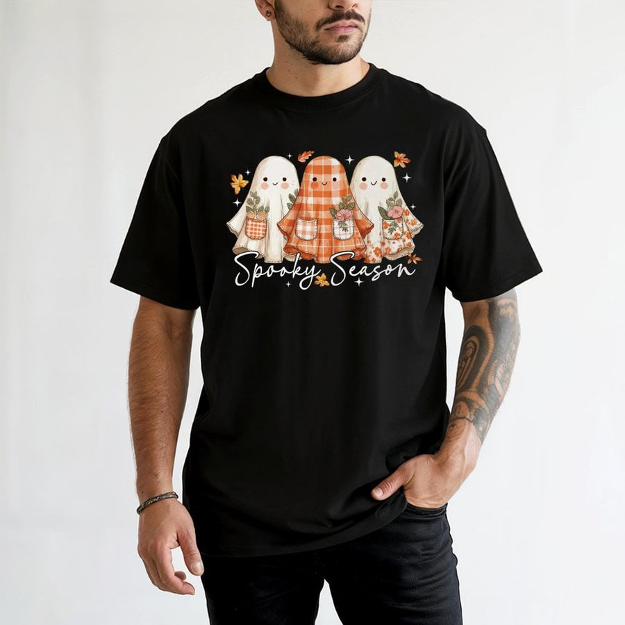 Spooky Season Ghost T-Shirt | Cute Floral Pumpkin Patch Ghost Design | 100% Cotton Premium Tee | Halloween Autumn Gift For Women And Teens