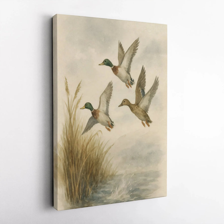 Mallard Duck Canvas Wall Art | Watercolor Flying Ducks Print | Gallery Wrap 1.25 Inch Profile | Rustic Nature Decor for Hunting Lodge Gift
