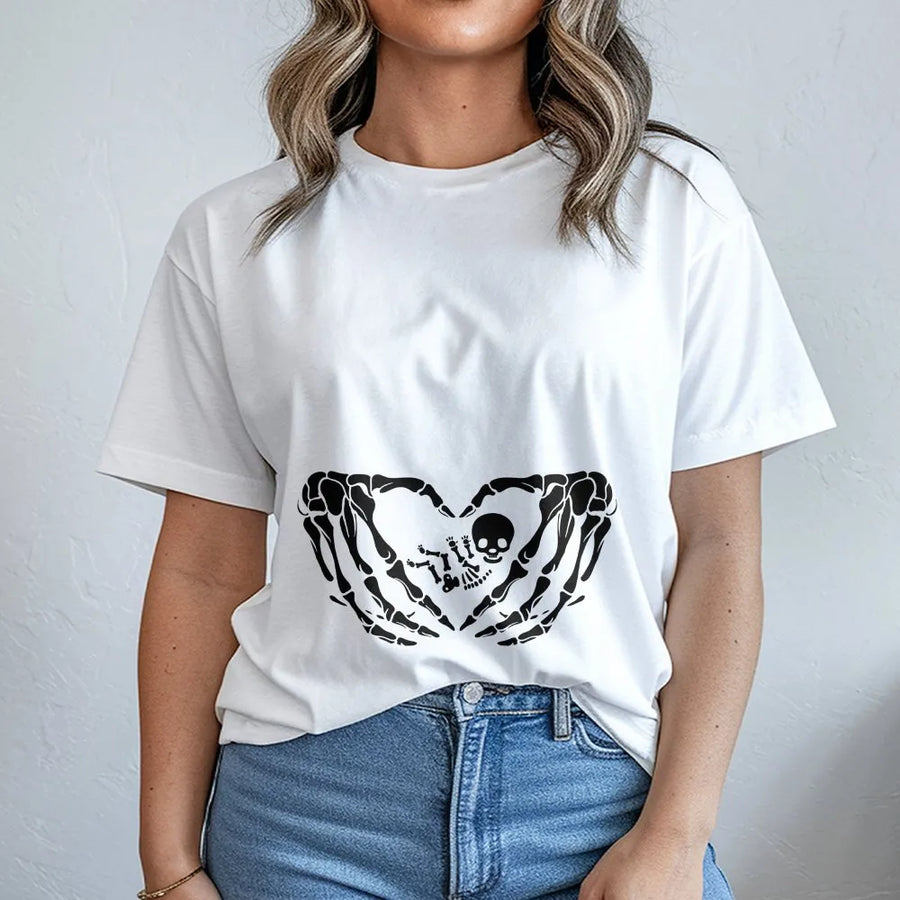 Skeleton Hands Maternity T-Shirt | Heart Shape Baby Anatomy Print | 100% Cotton Premium Tee | Funny Pregnancy Announcement Gift for Mom
