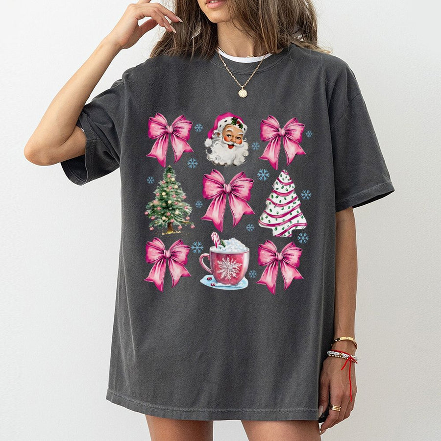 Pink Santa Christmas T-Shirt | Aesthetic Bow Coquette Xmas Graphic | Premium 100% Cotton Tee | Cute Holiday Gift for Women and Girls