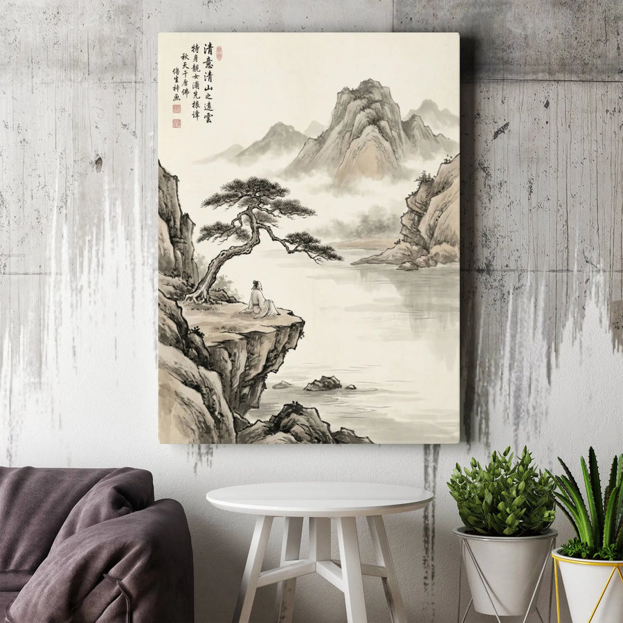 Japanese Ink Wash Vertical Canvas | Mountain Landscape Painting with Calligraphy | Premium Gallery Wrapped Print | Minimalist Zen Wall Art for Home Decor Gift