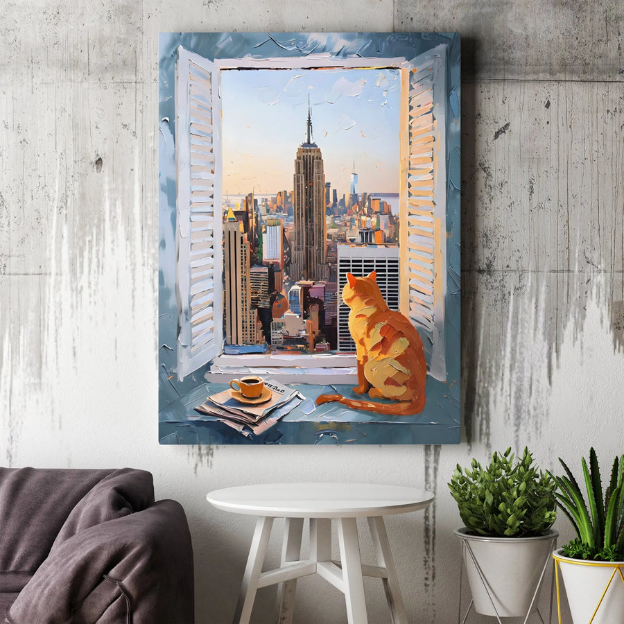 NYC Skyline Canvas Print | Orange Cat Gazing at Empire State Building | Gallery-Wrapped Premium Decor | Unique Gift for Cat Lovers
