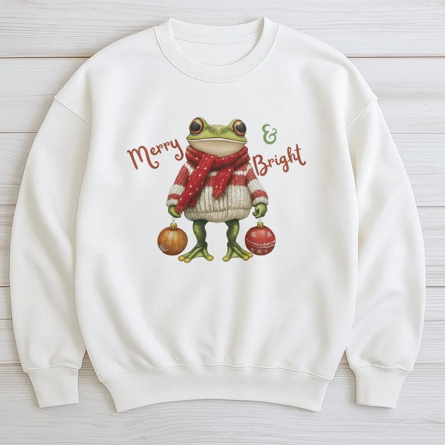 Christmas Frog Sweatshirt | Merry And Bright Winter Sweater | Unisex Cozy Crewneck | Funny Holiday Animal Graphic Gift for Frog Lovers