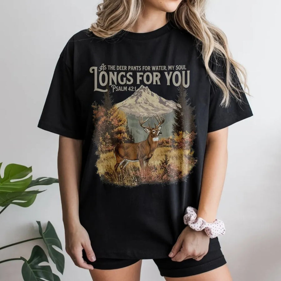 Psalm 42:1 Deer T-Shirt | Christian Hunting Graphic Tee | Premium Cotton Wildlife Apparel | Religious Gift for Men and Hunters