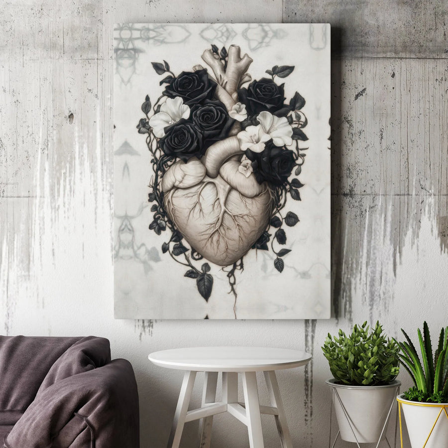 Anatomical Heart Canvas Art | Vintage Floral Illustration with Black Roses | Premium Gallery Wrapped Print | Gothic Home Decor Gift for Doctor