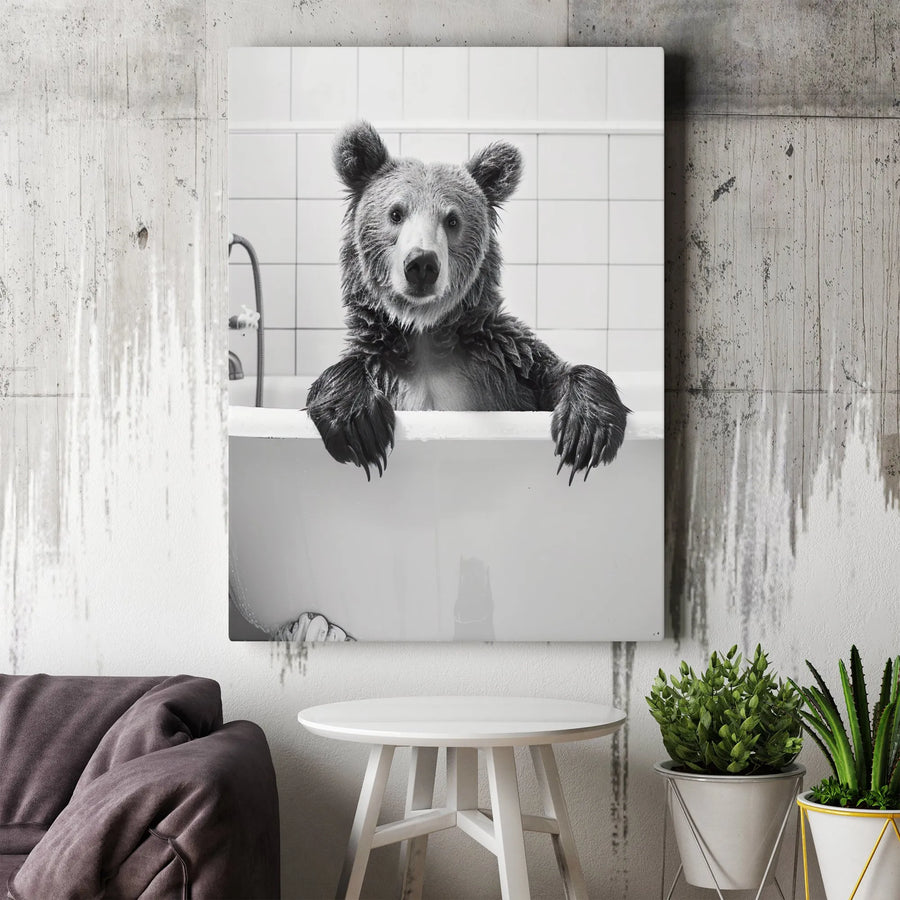 Bear In Bathtub Wall Art | Funny Bathroom Decor Print | Premium Gallery Wrapped Canvas | Whimsical Animal Home Decor Gift