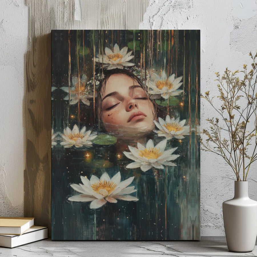 Floating Woman Wall Art | Serene Water Lily Pond Painting | Premium Gallery Wrapped Canvas | Calming Botanical Bedroom Decor Gift