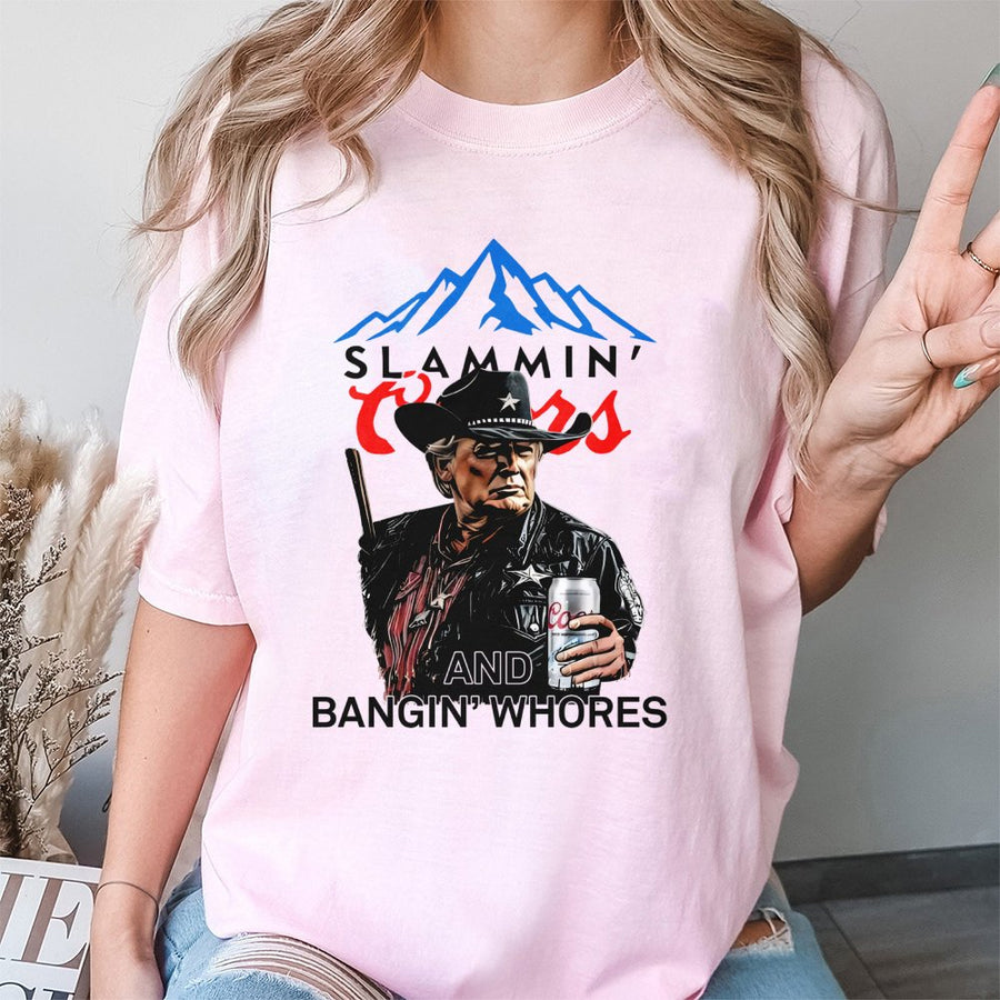 Trump Beer Drinking T-Shirt, Slammin' Coors & Bangin' Whores Graphic, Bold Patriotic T-Shirt For Beer Lovers & Trump Fans