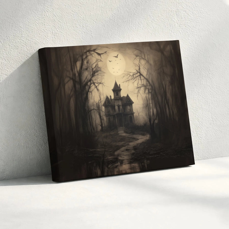 Haunted House Wall Art | Gothic Spooky Forest Full Moon Print | Premium Gallery Wrapped Canvas | Dark Academia Home Decor Gift