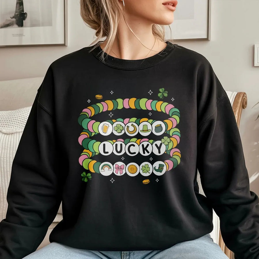 Lucky St. Patrick's Day Sweatshirt | Friendship Bracelet Beaded Design | Premium Cotton Blend | Aesthetic Coquette Irish Gift for Women