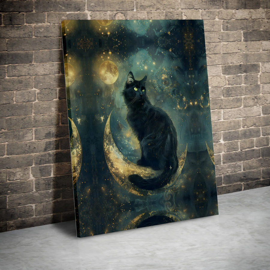 Black Cat Wall Art | Crescent Moon Celestial Night Sky Print | Premium Gallery-Wrapped Canvas | Witchy Home Decor & Cat Lover Gift