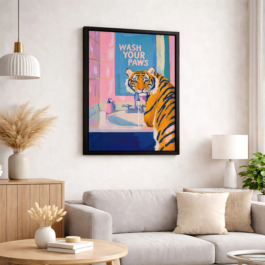 Wash Your Paws Tiger Wall Art | Whimsical Bathroom Decor Print | Premium 1.25-inch Canvas | Funny Animal Poster Gift for Home or Office
