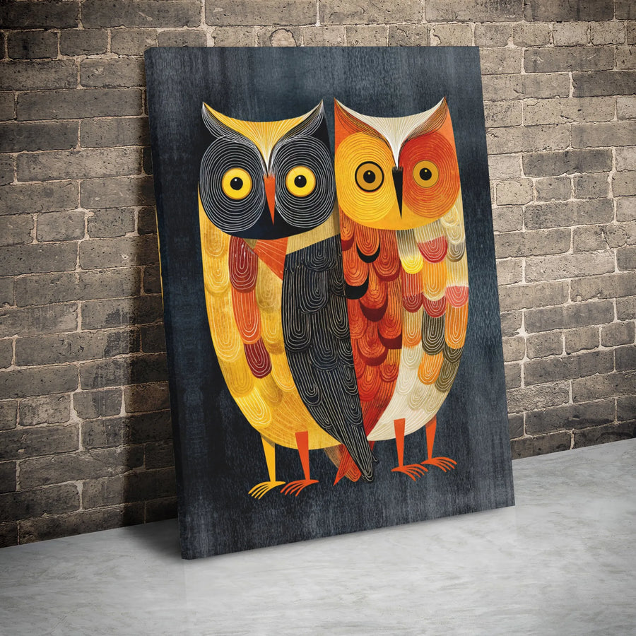 Owl Couple Canvas Wall Art | Mid Century Modern Folk Art Print | Premium 1.25" Gallery Wrap | Nature Lover Home Decor Gift