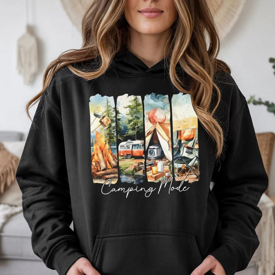 Camping Mode Hoodie | Watercolor Nature Adventure Graphic | Cotton-Blend Premium Comfort | Unisex Gift for Outdoor Lovers & Campers