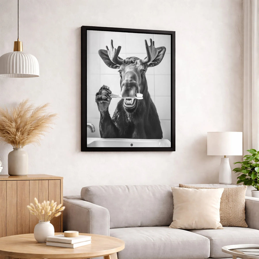 Moose Brushing Teeth Wall Art | Funny Animal Bathroom Decor | Gallery-Quality Canvas Print | Whimsical Home Decor Gift