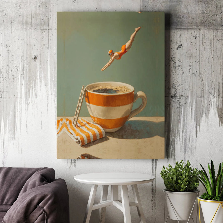Surreal Coffee Dive Canvas Art | Vintage Swimmer & Striped Cup Print | Premium Fade-Resistant Canvas | Gift for Coffee Lovers & Kitchen Decor
