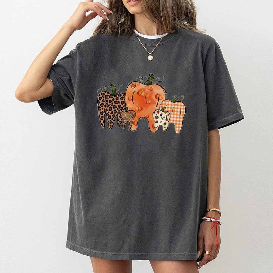 Dentist Thanksgiving T-Shirt | Funny Leopard Print Pumpkin Tooth Graphic | 100% Cotton Premium Tee | Cute Dental Hygienist Fall Gift
