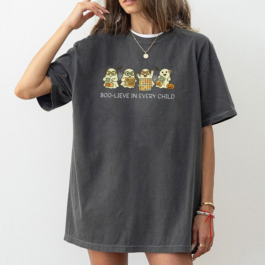 Special Education Teacher Halloween T-Shirt | Boo-lieve In Every Child Cute Ghosts | 100% Cotton Premium Tee | Inclusive Sped Educator Gift