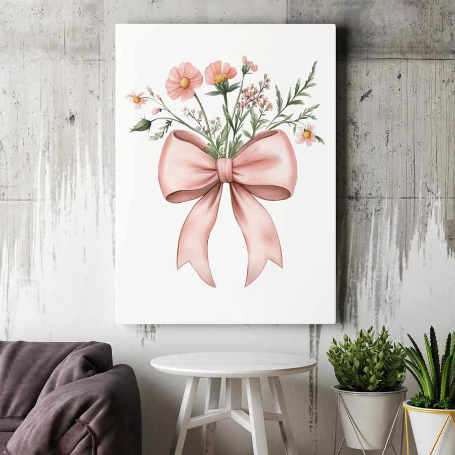 Pink Flower Bouquet Wall Art | Watercolor Floral Print with Ribbon Bow | Premium Gallery Wrapped Canvas | Elegant Home Decor for Bedroom or Nursery