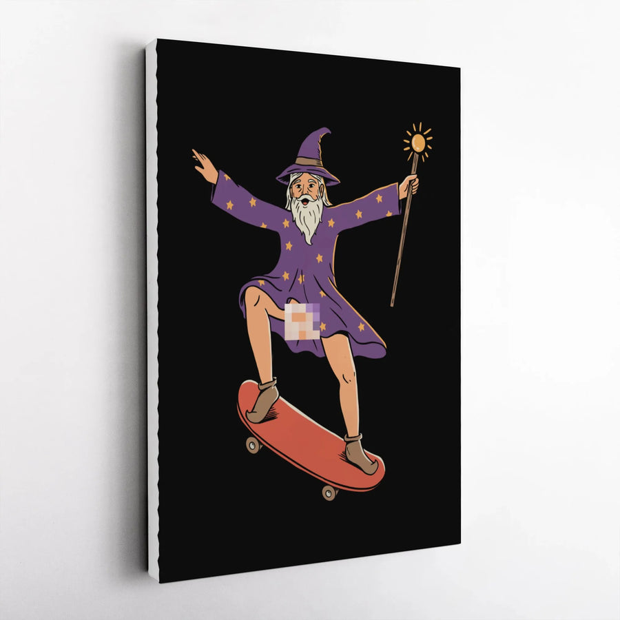 Funny Wizard Skateboarder Canvas Wall Art | Censored Cartoon Illustration | Premium 1.25" Thick Canvas | Unique Gift for Skaters & Dorm Room Decor