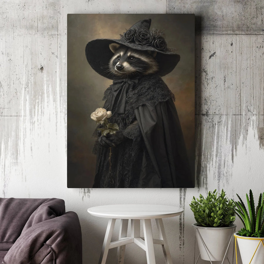 Gothic Raccoon Witch Vertical Canvas | Victorian Animal Portrait | Premium Frameless Wall Art | Goth Home Decor Halloween Gift