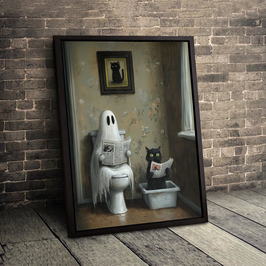 Ghost Reading Newspaper On Toilet Wall Art | Funny Black Cat Bathroom Decor | Gallery Quality Canvas Print | Unique Halloween Home Gift
