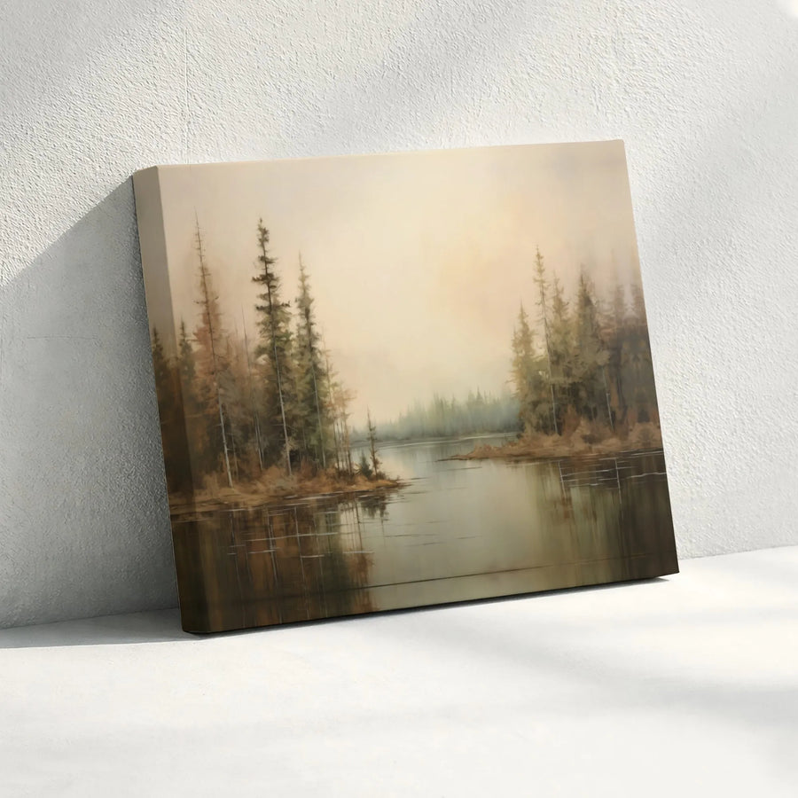 Misty Forest Landscape Canvas | Moody Pine Lake Reflection Wall Art | Premium 1.25-Inch Gallery Wrap | Nature Home Decor Gift for Living Room