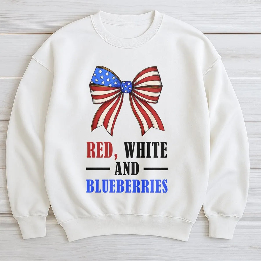Red White and Blueberries Sweatshirt | Patriotic Coquette Bow Graphic | Premium Cotton Blend Crewneck | 4th of July Gift for Women