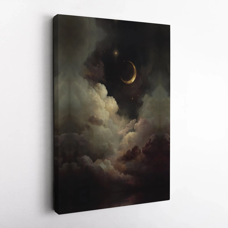 Crescent Moon Canvas Print | Moody Celestial Night Sky Painting | Premium Frameless Canvas | Gothic Home Decor Gift