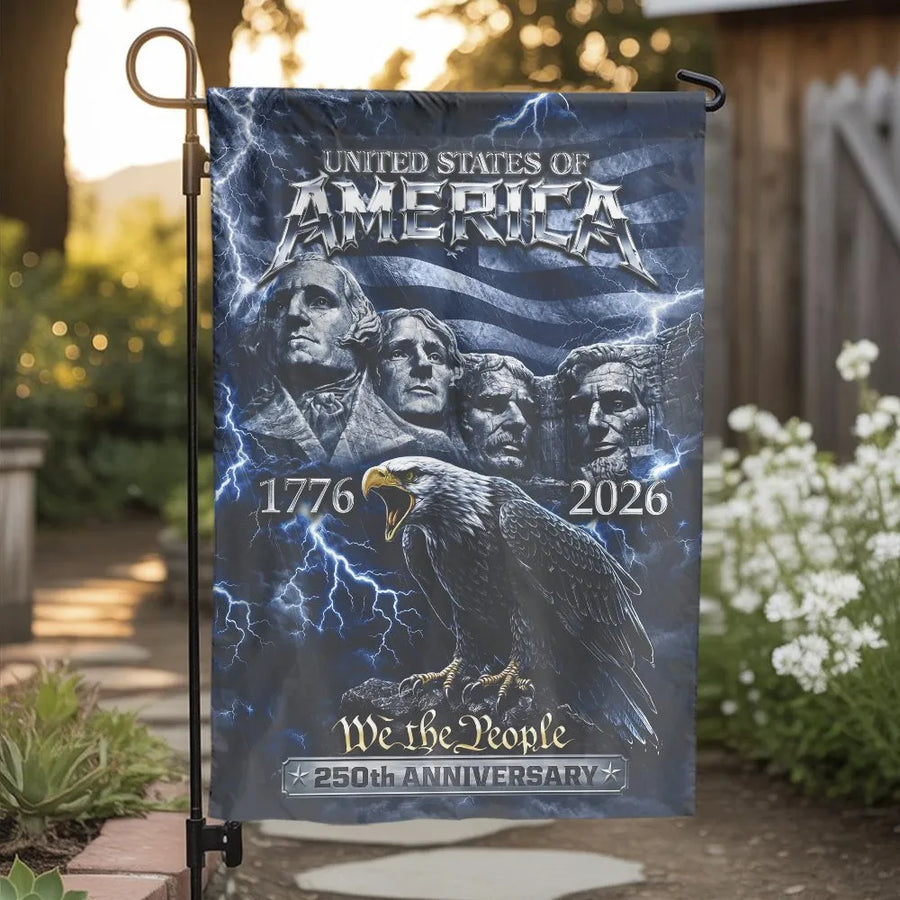 USA 250th Anniversary Garden Flag | We the People Mount Rushmore Design | Weather-Resistant Double Sided Print | Collector's Patriotic Gift for Veterans