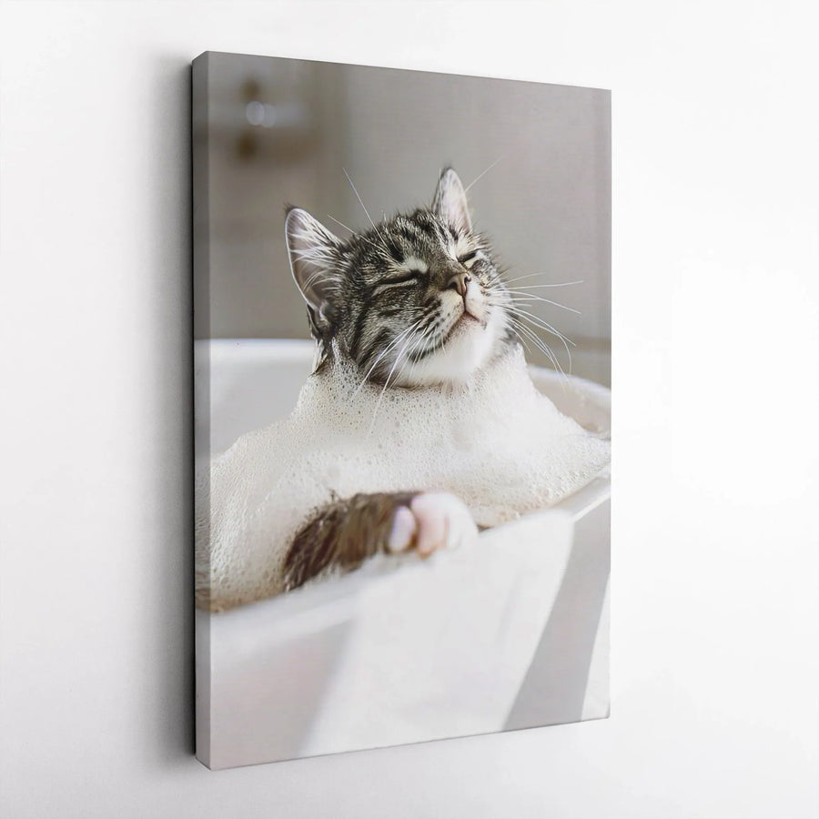Funny Cat Bathing Canvas Print | Tabby Cat In Bubble Bath Wall Art | Premium Gallery-Wrapped Decor | Unique Gift For Cat Lovers