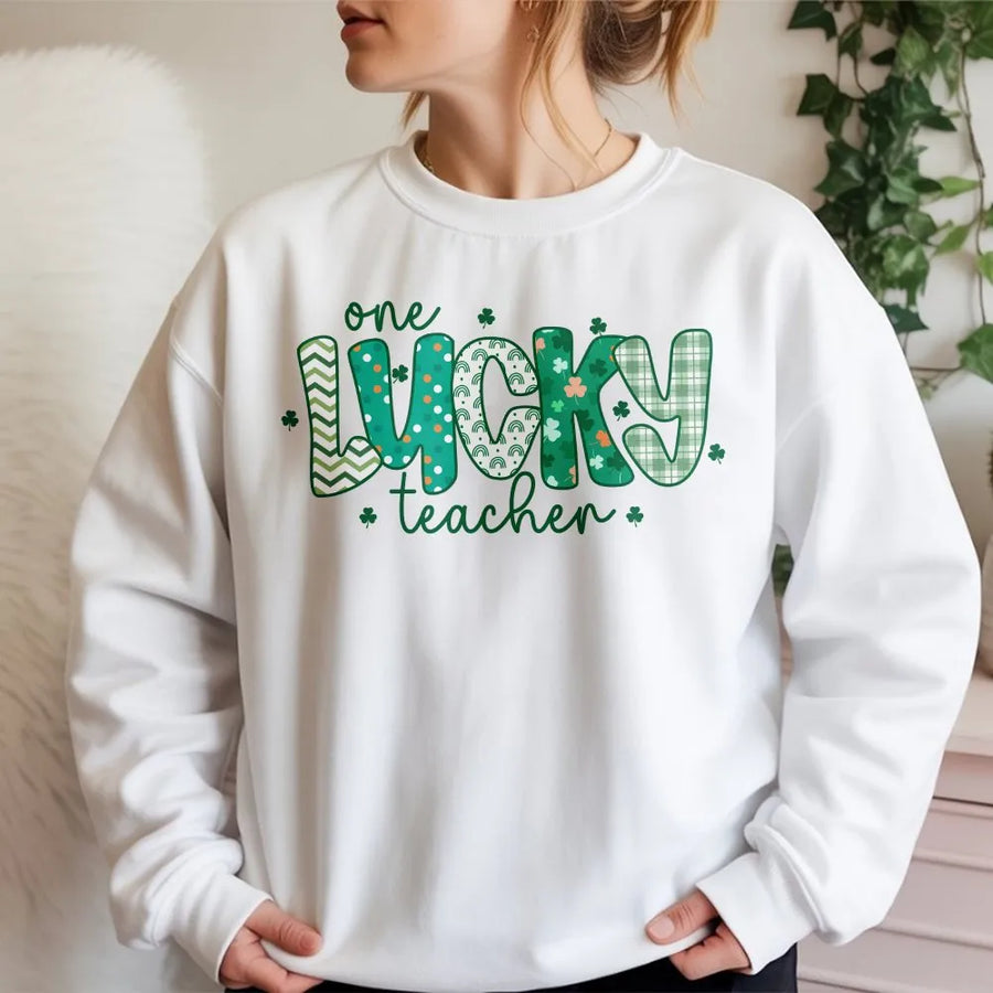 One Lucky Teacher Sweatshirt | St Patricks Day Clover Graphic | Soft Cotton Blend Unisex Pullover | Irish School Staff Appreciation Gift