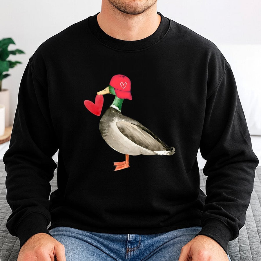 Mallard Duck Valentine Sweatshirt | Cute Heart Wearing Hat Graphic | Premium Cotton Blend | Romantic Bird Lover Gift for Her