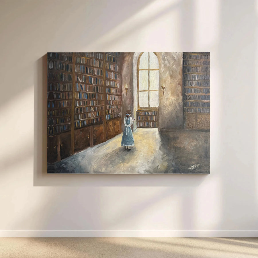 Girl Reading in Library Canvas Art | Dark Academia Wall Decor | 1.25" Thick Gallery Wrap | Aesthetic Literary Gift for Book Lovers