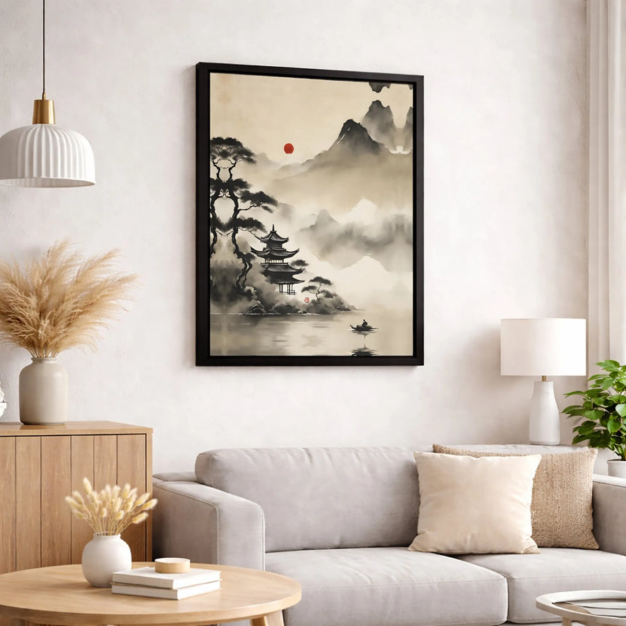 Japanese Ink Wash Painting Canvas | Pagoda Mountains & Red Sun Zen Wall Art | 1.25" Gallery Wrap | Premium Home Decor Gift