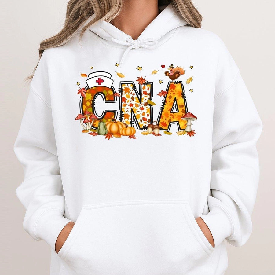 CNA Fall Hoodie | Thanksgiving Nurse Graphic Sweatshirt | Premium Cotton-Poly Blend | Gift for Nursing Assistants & Healthcare Workers
