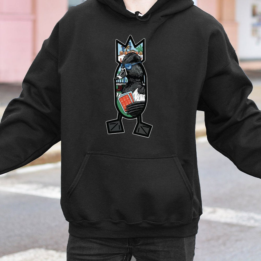 Bomber Duck Graphic Hoodie | Las Vegas Poker Playing Mallard | Premium Cotton Blend Pullover | Funny Bird Lover Wildlife Gift For Him Or Her