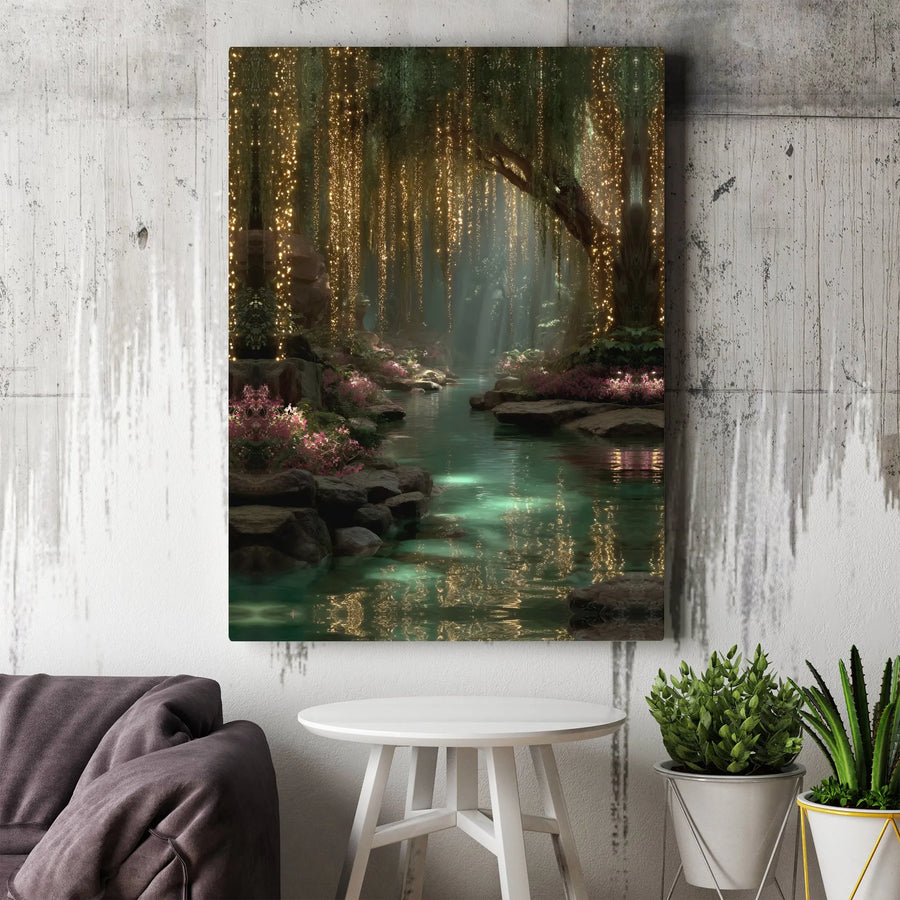 Enchanted Forest Canvas Print | Glowing Fairy Light River Landscape | Premium Fade-Resistant Wall Art | Magical Nature Decor Gift for Home