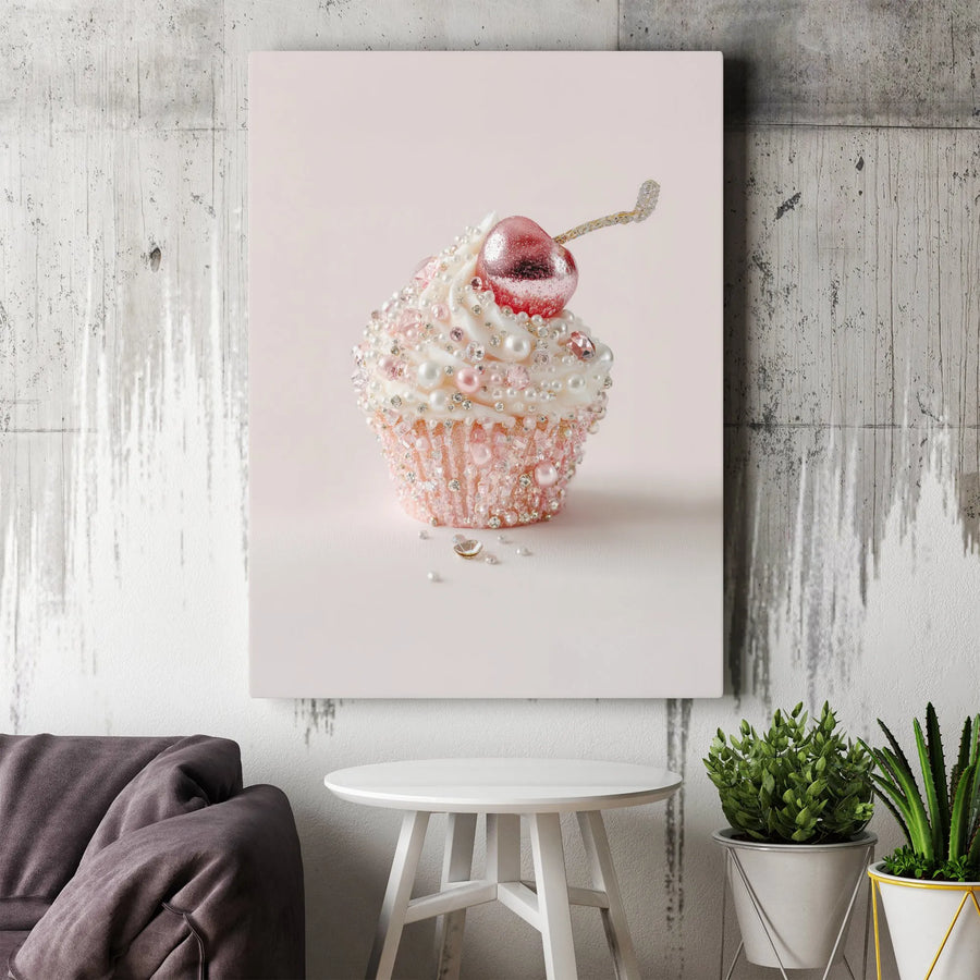 Glam Cupcake Canvas Print | Pink Crystal & Pearl Dessert Art | Premium Gallery Wrapped Canvas | Bakery Decor Gift for Her