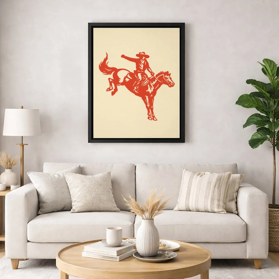 Bucking Bronco Wall Art | Red Western Cowboy Silhouette Print | Premium Gallery Wrapped Canvas | Rustic Southwestern Home Decor Gift