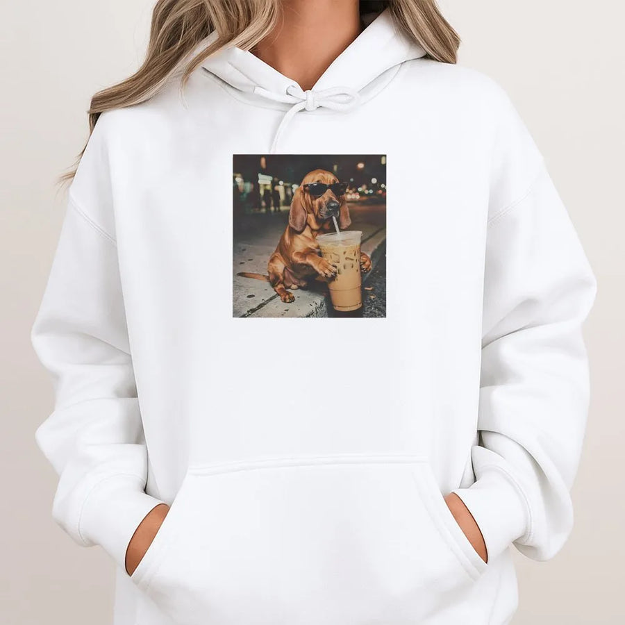 Funny Bloodhound Hoodie | Dog Drinking Iced Coffee Meme | Premium Comfort Colors Tee | Gift for Dog Lover & Coffee Addict