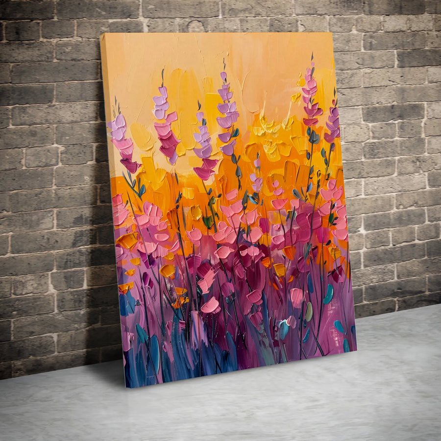 Abstract Wildflower Canvas Wall Art | Impasto Textured Floral Sunset Print | Premium Gallery Wrapped Decor | Modern Nature Gift for Home